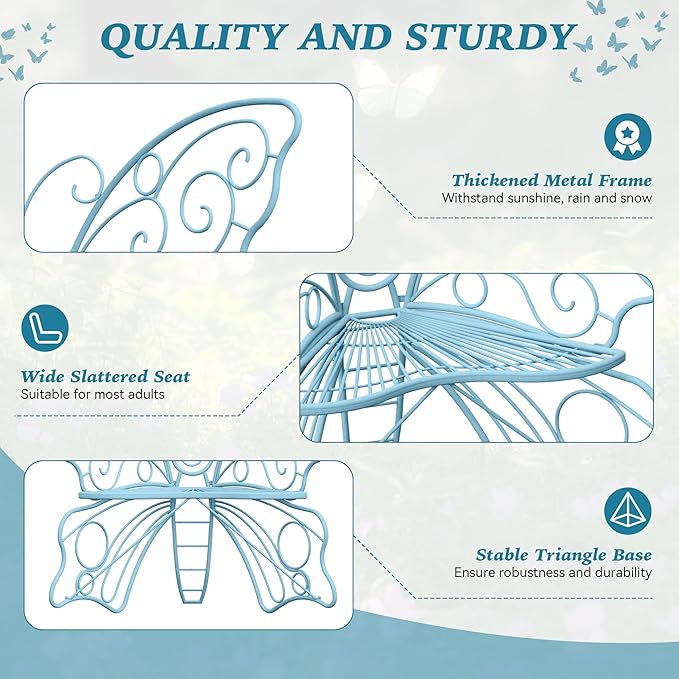 36 Inch Outdoor Bench, Cute Garden Bench with Metal Frame, Weatherproof Butterfly Front Porch Benches for Lawn, Garden, Yard, Balcony, Blue