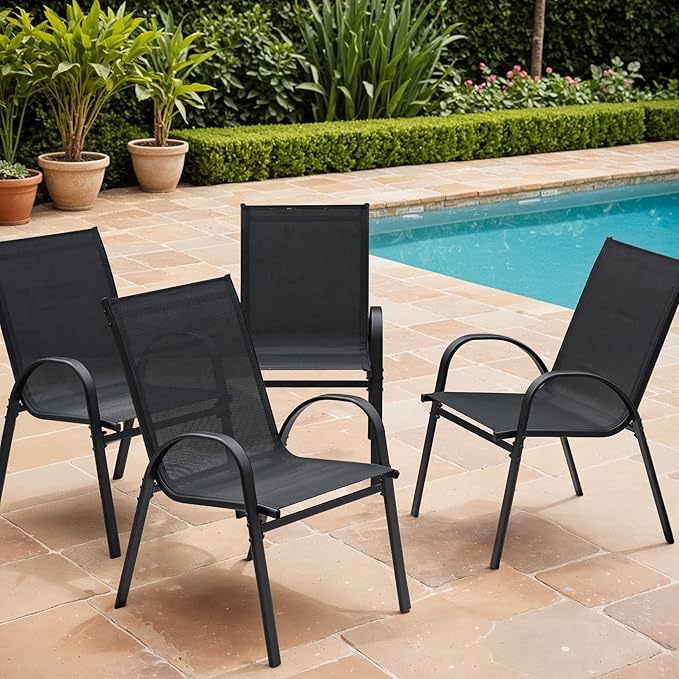 Devoko 4-Pack Stackable Patio Chairs Heavy-Duty Rust-Resistant Outdoor Dining Chairs with Ultra-Comfort Textilene Fabric for Deck, Porch, Garden & Balcony (Black)