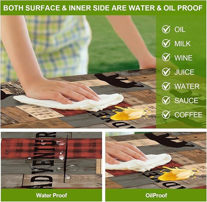 Picnic Table Cover with Bench Covers Set of 3 - Adventure Theme Rustic Bear Deer Wildlife Pattern, Elastic Fitted Tablecloth for 6 Ft Tables, Washable Polyester Cover for Camping, Indoor & Outdoor