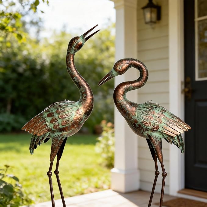 Shorayn Garden Crane Statues, Blue Heron Sculptures for Outdoor, Cranes Decor Metal Bird, Patina Garden Art Lawn Ornaments for Yard Patio Porch Outside Decorations