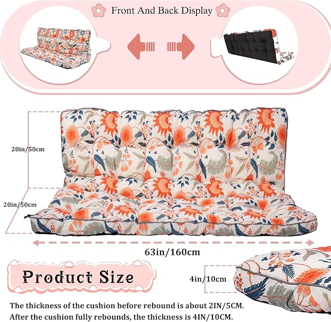 2-3 Seat Swing Replacement Cushion, Outdoor Bench Cushions with Backrest Thicken 4", Patio Furniture Garden Porch Loveseat Glider Pad Anti-Fading Waterproof (Sunflower, 40x63in-thicken)
