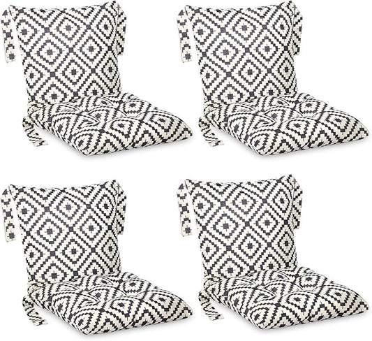 Barydat 4 Pcs Outdoor Patio Chair Cushions with Back, 21.7 x 43.3 Inch Decorative Dining Back Cushions with Tie Buffalo Plaid Indoor Outdoor for Patio Furniture(Black and White,Grid)