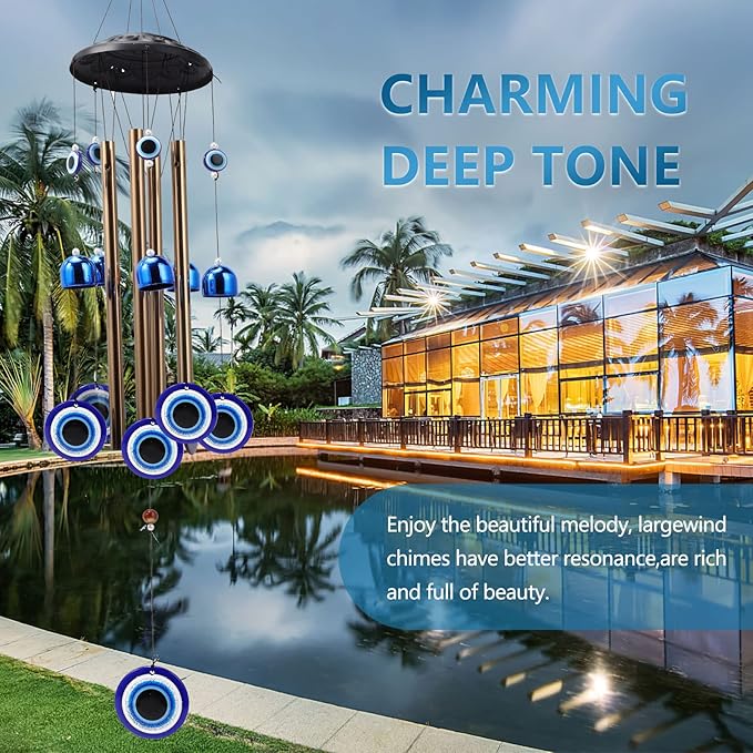 BWINKA Blue Evil Eye Amulet Wind Chimes Bells Outdoor Decor,Metal Windchimes for Garden Patio Backyard Home Decor…