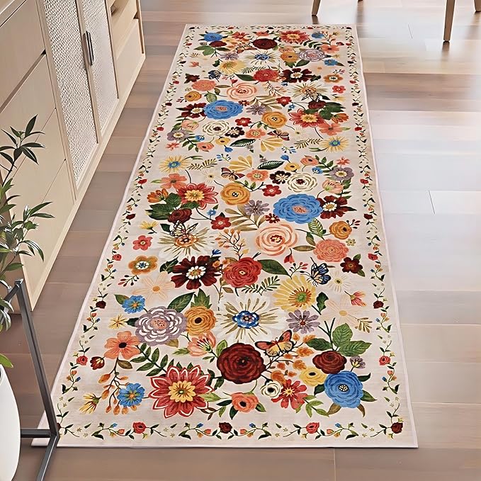 Runner Rug 2x6, Kitchen Rug Non Slip Washable Rugs with Rubber Backing Soft Floral Carpet Runner for Hallways, Kitchen, Laundry, Bedroom, Bathroom (2 x 6, Beige)