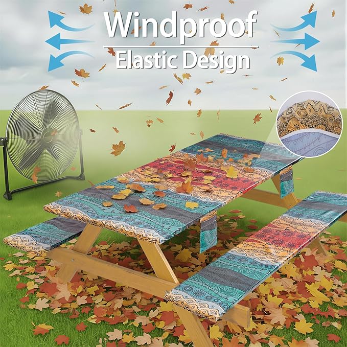Fitted Waterproof Picnic Table Cover with Bench Covers Heavy Duty Elastic Outdoor Camping Tablecloth for 8 Foot Rectangle Tables Summer Rv Accessories Patio Garden Road Trip Essentials Gifts