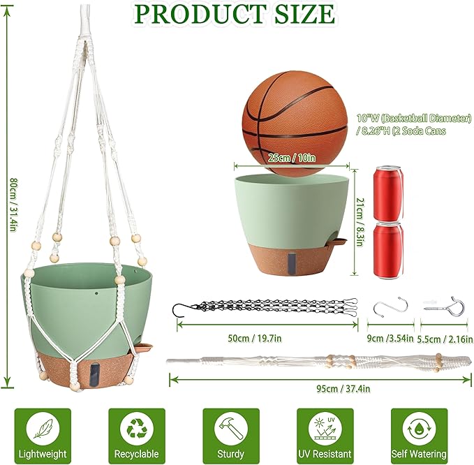 10 Inch Hanging Planters for Indoor Plants, 2 Pack Self Watering Hanging Baskets Flower Pots with Drainage Hole, Visual Reservoir & 2 Kinds of Plant Hanger for Outdoor Garden Home Decor