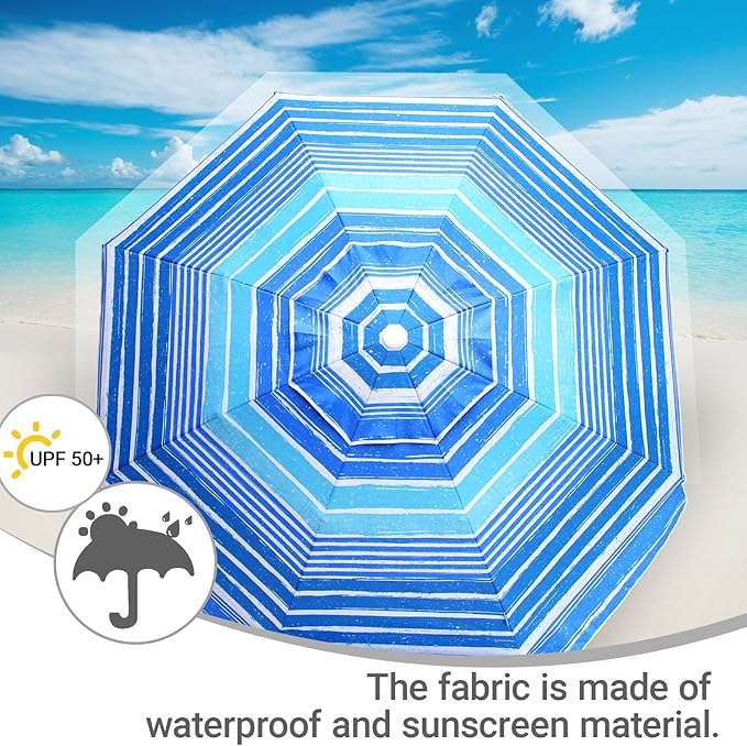 6.5ft Beach Umbrella - Heavy Duty Wind Resistant UV 50+ Portable Sun Shade with Sand Anchor & Carry Bag, Outdoor Folding Umbrella for Beach, Pool, Patio, Garden (Blue Stripe)