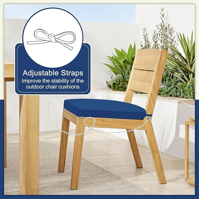 Cozyide Outdoor Chair Cushions, Waterproof Patio Seat Cushions with Adjustable Straps, Round Corner Patio Chair Cushions for Garden, Royal Blue, 17x16x2 Inch (Pack of 4)