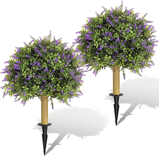 Set of 2 Artificial Lavender Topiary with Spike,Fake Plants Boxwood Balls Greenery Shrubs,UV Resistant Artificial Push in Flowers Bushes for Outdoor Front Porch Decor,Home Faux Plants Indoor