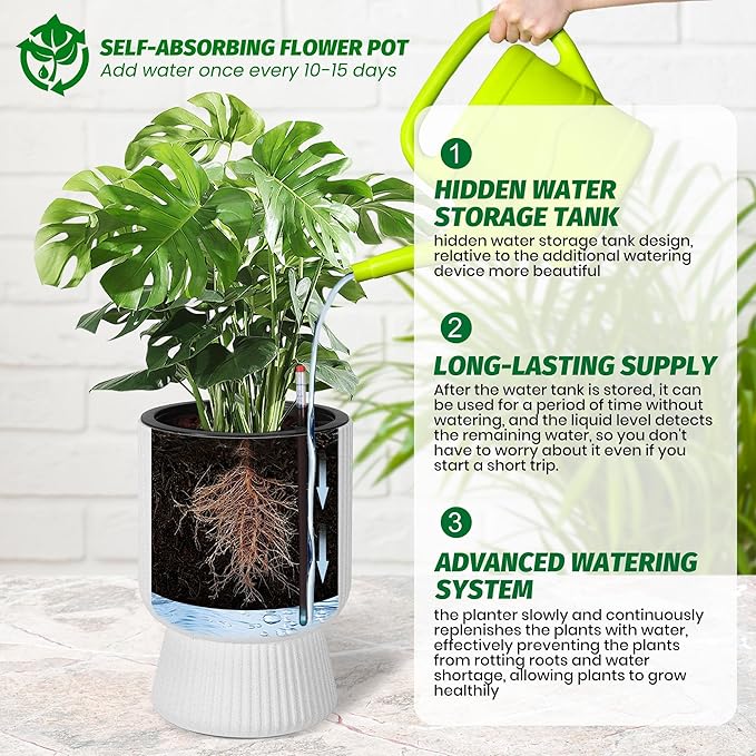 14.2" Tall Planters Set of 2, Large Indoor/Outdoor Self-Watering Plant Pots with Drainage, Water Level Monitor & Wheels, Flower Pots for Patio, Porch, Living Room, Home Office