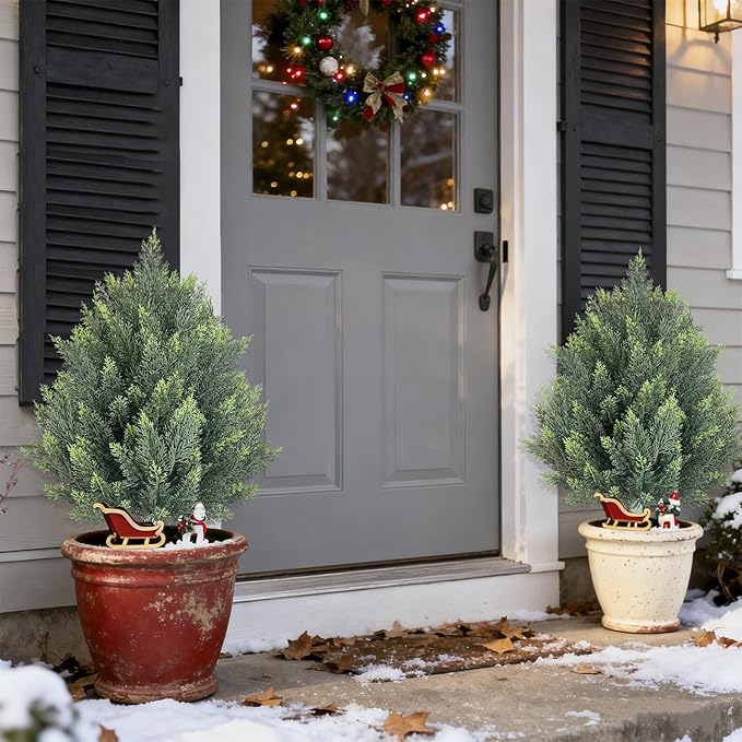 32inch Artificial Topiary Tree Set of 2 Beautiful Realistic Faux Cedar Pines Christmas Trees UV Rated Fake Shrubs for Front Porch Faux Plants Indoor and Outdoor Decor