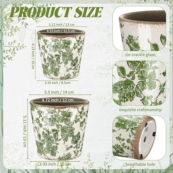 2 Pcs Farmhouse Ceramic Planters Gifts Set 5.1"x 5.5" Christmas Vintage Flowers Pots Green Ice Crackle Glazed Plants Pots with Drainage for Rustic Boho Indoor Outdoor Plants Home Office Decor