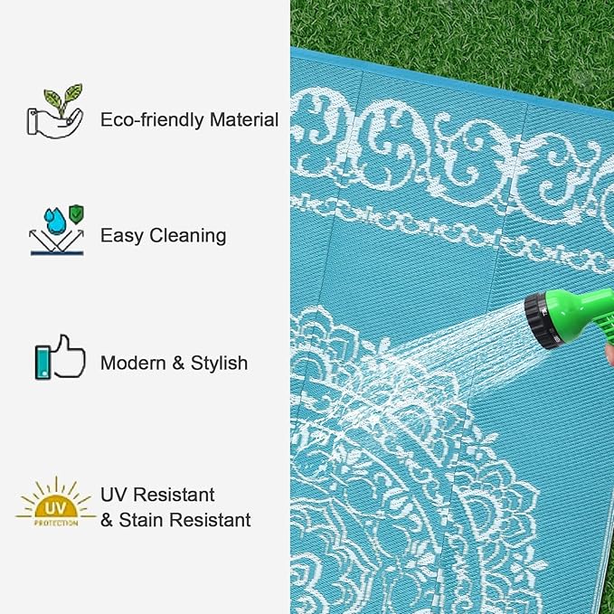 GAOMON Large Outdoor Rugs for Patio 9x18 Portable Outdoor Carpet, Reversible Plastic Straw Camping Mat, Waterproof Outside Rug for RV, Porch, Deck, Balcony, Beach, Teal/White(Medallion)