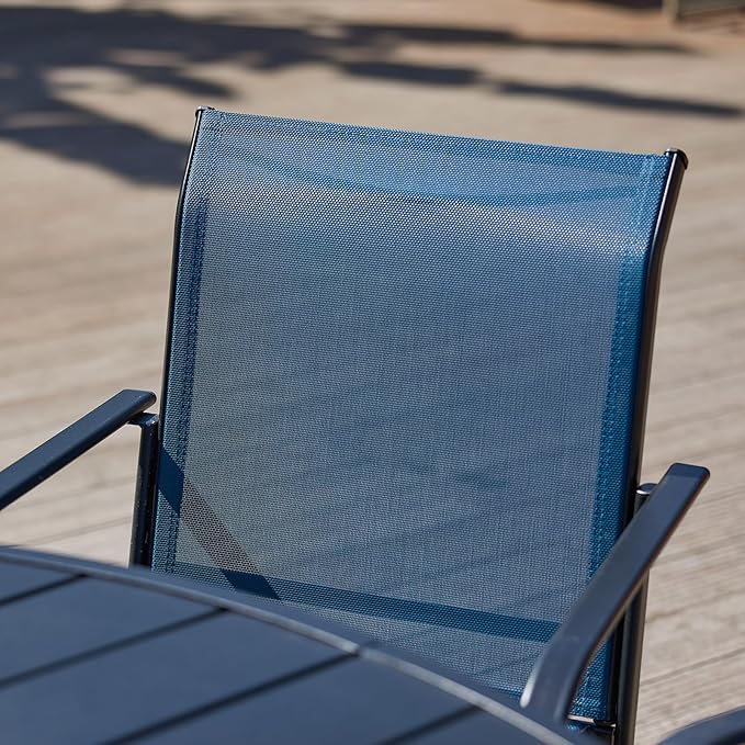 VICLLAX Patio Stackable Dining Chairs Set for 4, Outdoor Sling Chairs with Metal Frame for Front Porch Balcony Backyard Garden and Deck, Dark Blue