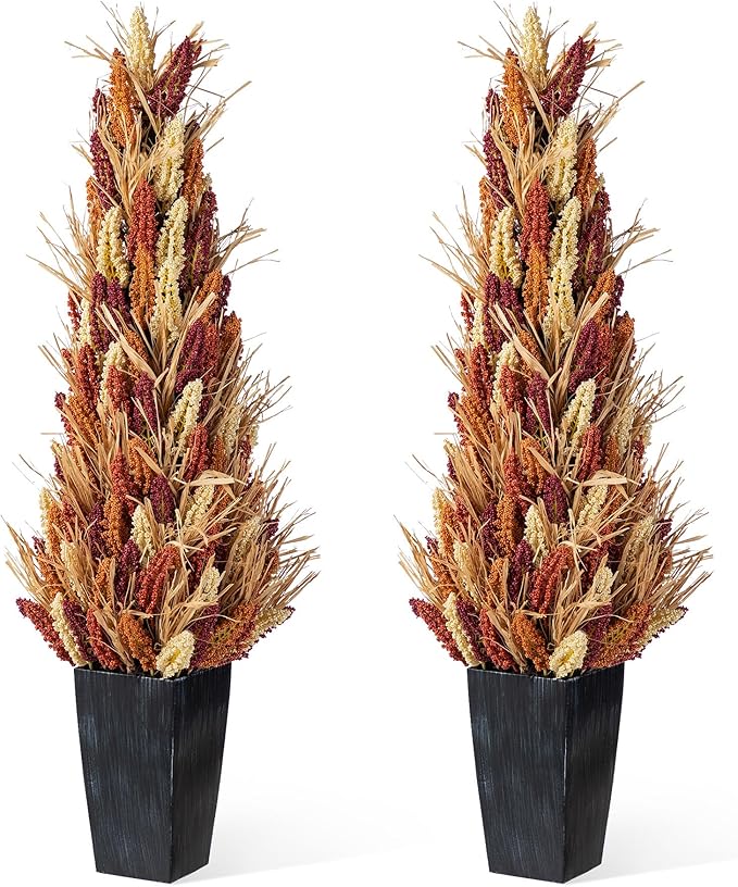 Glitzhome 2 PCS 38”H Fall Porch Tree, Artificial Sorghum Porch Tree Harvest Decoration with Black Planter, Indoor/Outdoor Seasonal Decor for Porch, Garden, Entryway