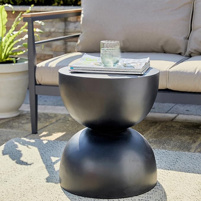 Glitzhome Outdoor Side Table, Round Accent End Table, Lightweight Hourglass Faux Terrazzo Decorative Garden Stool, 17.75" H Black Planter Stand for Patio Porch Balcony Living Room