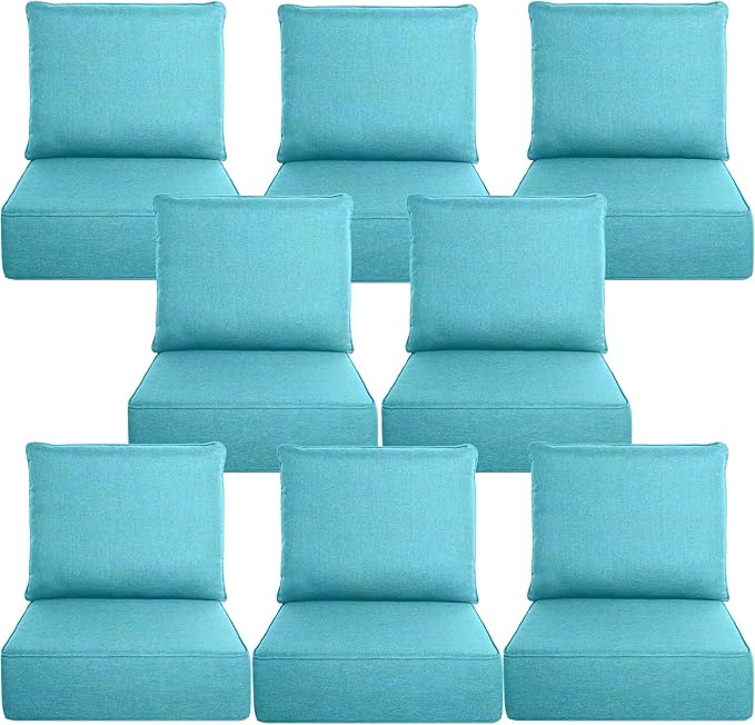 Belord Luxury 6" Thick Outdoor Cushion 8 Set - 22 x24 Inch 28D Sponge Filling Fade-Resistant Chair Cushion, Spill Proof Removable Patio Furniture Replacement Cushion for Sofa Bench Swing - Turquoise