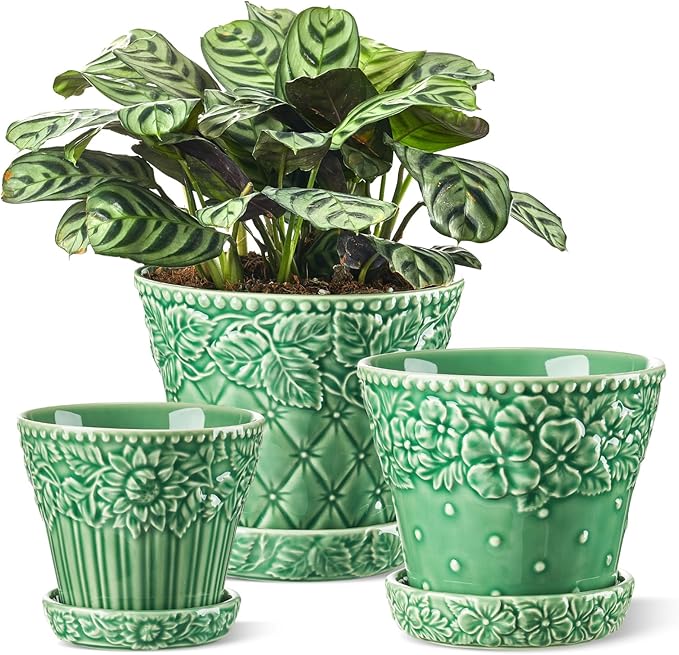 Ceramic Plant Pots, 3.8+4.9+5.8 Inch, Set of 3 Flower Pots with Drainage Hole & Saucer, Embossed Planter Pots for Indoor Plants, Home Decor, Green