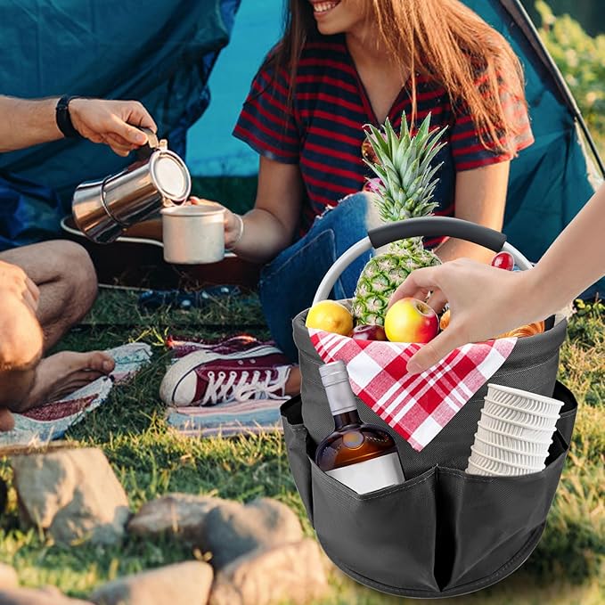 Black 17 L Picnic Garden Tool Bag with 6 Pockets, Foldable Bucket Organizer for Storage Camping Home Cleaning Products, Portable Garden Caddy Tote with Handle Harvest Basket (Black)