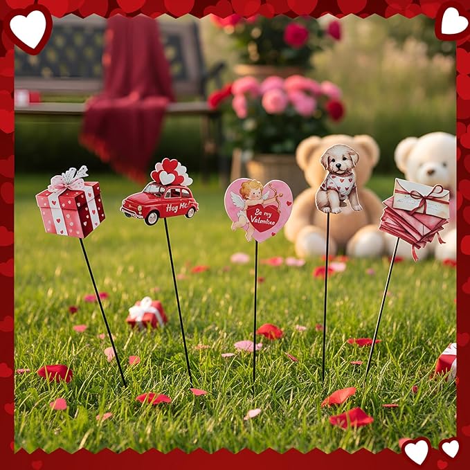 Pickmesh 6 Pcs 12" H Valentine's Day Metal Yard Sign Vintage Valentine Metal Yard Sign Barn Garden Stake for Planter Pot Walkway Pathway Outdoor Decor Lawn Decoration