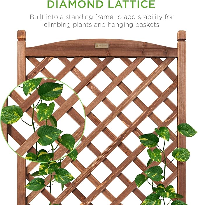 Best Choice Products 60in Wood Planter Box & Diamond Lattice Trellis, Mobile Outdoor Raised Garden Bed for Climbing Plants w/Drainage Holes, Optional Wheels - Walnut