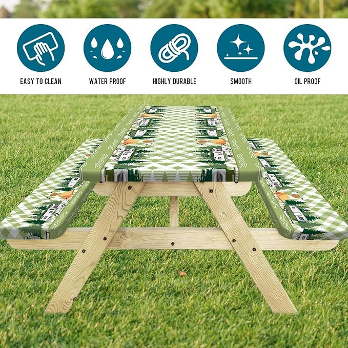 Picnic Table Cover with Bench Covers, Buffalo Plaid Camping Waterproof Windproof Fitted Tablecloth Cover with Elastic Edge, Camping Fitted Tablecloth with Drawstring Bag, 72in, Sage Green