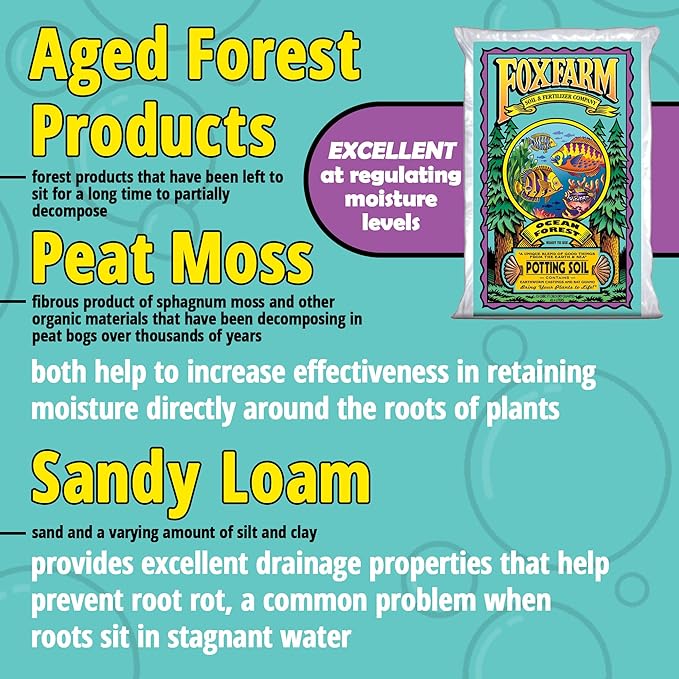 FoxFarm Ocean Forest Potting Soil for Container Gardens - Light, Aerated Texture with Fish Emulsion, Crab Meal, Earthworm Castings - Houseplant Potting Mix for Seedlings & Plant Starts - 2 x 1.5 Cu Ft