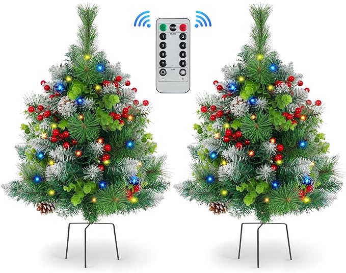 2 Pack Christmas Decorations Outdoor - 30" Pre-Lit Outdoor Christmas Tree with Lights, Prelit Planter Bushes with Remote, Christmas Planter Urn Filler for Front Porch Pathway Yard Garden Holiday Decor