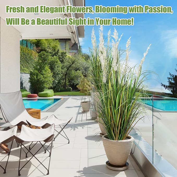 2 Pcs Artificial Plants Grass 47in Tall Large Fake Pampas Outdoor Faux Floor Plant in Pot UV Resistant for Front Porch Patio Garden