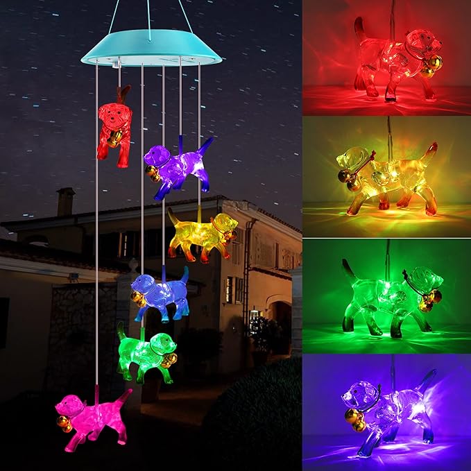 Solar Dog Gift for Mom Girls, Color Changing Solar Wind Chimes for Outside, Outdoor Decorative Mobile Lights for Garden, Yard, Patio, Window, Party Decorations, Gift for Women