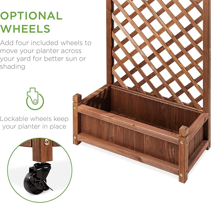 Best Choice Products 48in Wood Planter Box & Diamond Lattice Trellis, Mobile Outdoor Raised Garden Bed for Climbing Plants w/Drainage Holes, Optional Wheels - Walnut