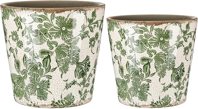 2 Pcs Farmhouse Ceramic Planters Gifts Set 5.1"x 5.5" Christmas Vintage Flowers Pots Green Ice Crackle Glazed Plants Pots with Drainage for Rustic Boho Indoor Outdoor Plants Home Office Decor