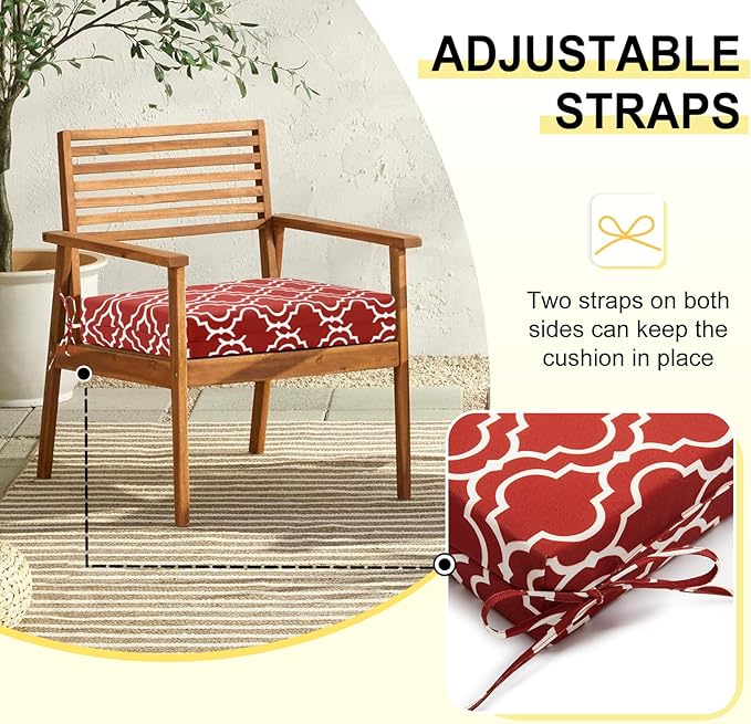downluxe Outdoor Chair Cushions Set of 4 for Patio Furniture, Water-Resistant Square Corner Patio Chair Cushions with Ties, High Density Foam Outdoor Seat Cushion, 18.5" X 16" X 3", Red Gourd