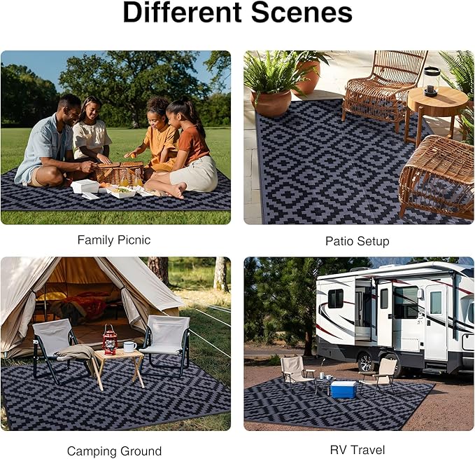OLANLY Waterproof Outdoor Rug 8x10 ft, Outdoor Plastic Straw Rug for Camping, RV Mat Outside, Indoor Outdoor Carpet for Porch, Deck, Backyard, Balcony, Picnic, Black & Grey