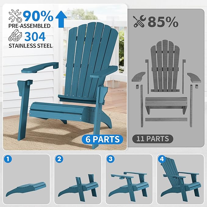 Psilvam Adirondack Chair, Oversized Poly Lumber Fire Pit Chair with Cup Holder, 350Lbs Support Patio Chairs for Garden, Weather Resistant Outdoors Seating, Relaxing Gift for Father & Mother (4, Blue)