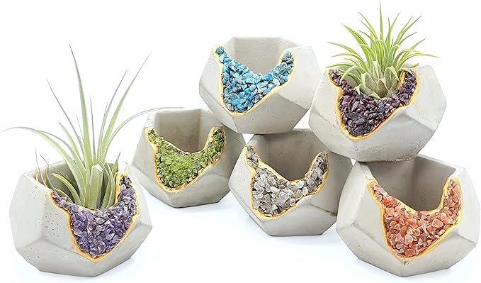 6 Pack Small Crystal Cement Pots - Unique Air Plant Holders - 3 Inch Mini Geode Concrete Plant Pots with Drainage Hole - Geometric Succulent Pots - Decorative Tealight Candle Holders