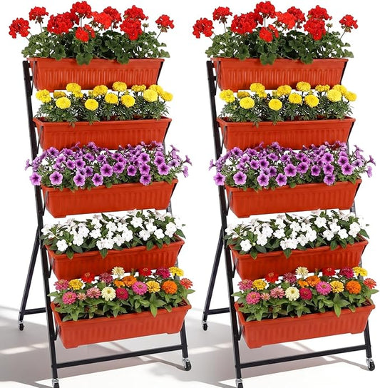 2 Set 4.5 ft Vertical Garden Planter with Lockable Wheels 5 Tier Removable Raised Bed Box for Outdoor Herb Vegetable and Flower Growing Includes Gloves and Screwdriver(Brick Red)