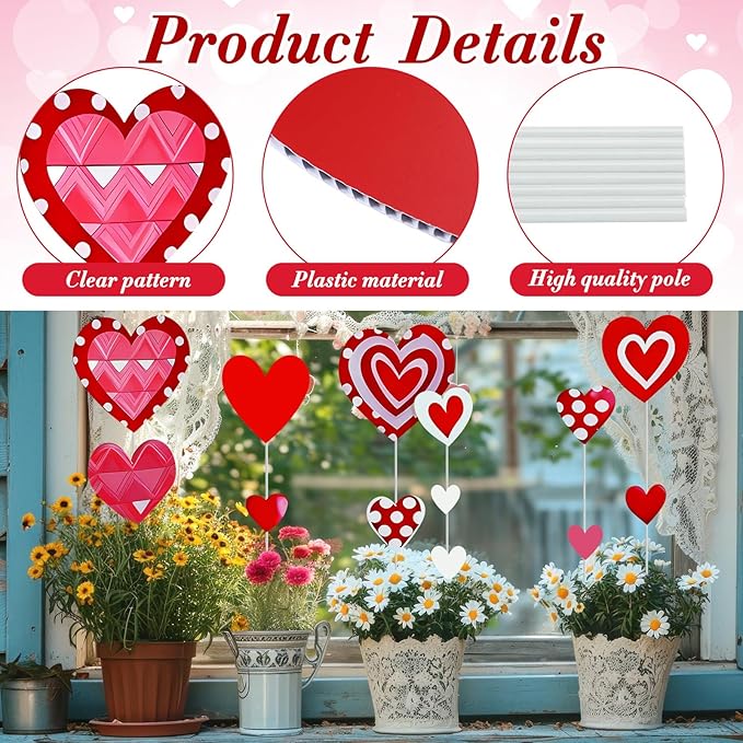 Amyhill 13 Pcs 21.5 Inch Valentine's Day Heart Shape Planter Stakes, Garden Stakes Decor with 8 Pcs Rods, Red Pink White Heart Signs for Patio, Lawn, Yard, Planter Pots, Pathway, Wedding Decor