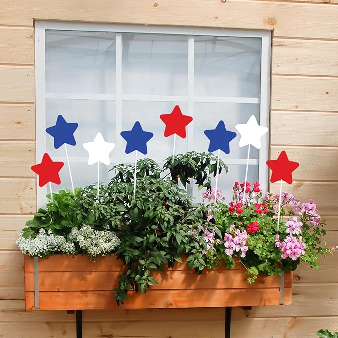 JarThenaAMCS 9Pcs Patriotic Star Metal Planter Stakes 4th of July Star Decorative Garden Stakes Red Blue White Yard Sign for Planter Pot Walkway Lawn Independence Day Decor