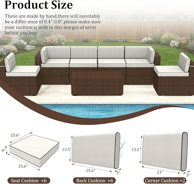 14 Pcs Outdoor Replacement Cushions for Patio Furniture, All Weather Water Resistant Cushion for 6 Seat Rattan Wicker Sectional Patio Conversation Sets and Couch (Cream+Black Piping)