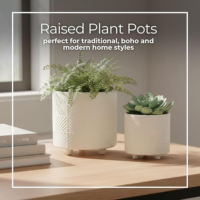 Set of 2 Ceramic Planter Pots – Indoor Planters for Plants, Patio Or Garden Outdoor Decor, Sculpted Petal Design – Home Decor, Ceramic Planters, Outdoor Planter – 8" & 7", White