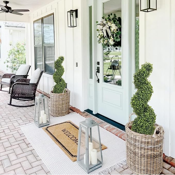 THE BLOOM TIMES 3ft Tall Spiral Topiary Trees Artificial Outdoor Set of 2, 36 Inch UV Resistant Large Faux Evergreen Fake Boxwood Plants for Front Porch Outside Planter Entryway Entrance Decor 3 Foot