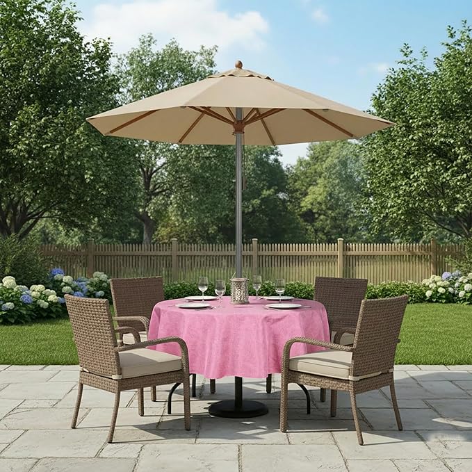 Outdoor Tablecloth Wrinkle-Free Stain Resistant Waterproof Polyester Fabric Table Cover with Zipper Umbrella Hole for Picnic/Party/Dinner/Patio Garden(60inch Round,Zippered,Pink)