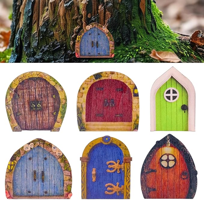 6 PCS Mini Fairy Garden Door for Tree, Miniature Fairy Door for Fairytale Tiny House Doors, Bonsai Terrarium Micro Landscape Decoration Accessories