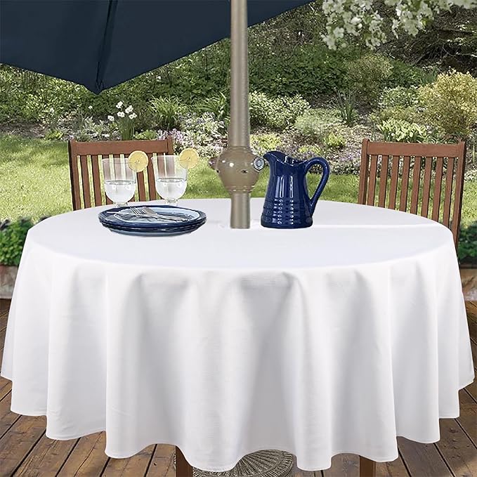 Outdoor Tablecloth Wrinkle-Free Stain Resistant Waterproof Polyester Fabric Table Cover with Zipper Umbrella Hole for Picnic/Party/Dinner/Patio Garden(70inch Round,Zippered,White)
