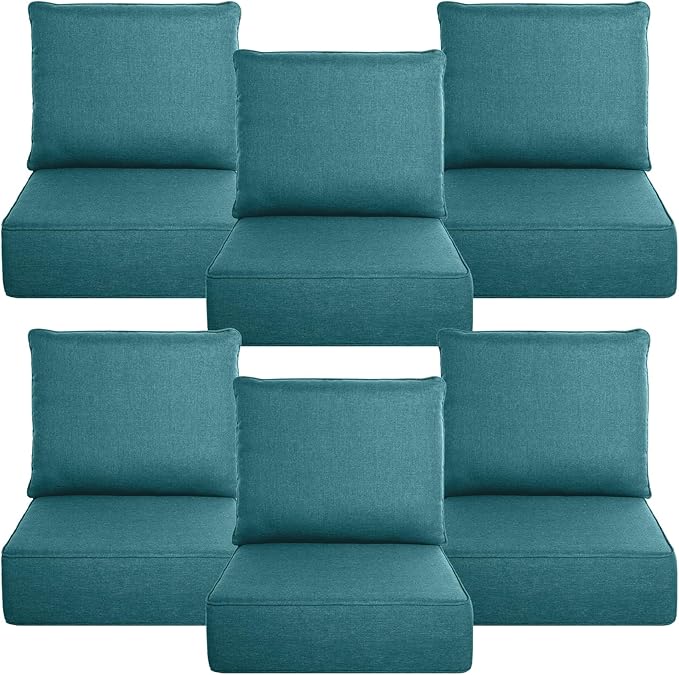 Belord Luxury 6" Thick Outdoor Cushion 6 Set - 24 x24 28D Sponge Filling Fade-Resistant Chair Cushion, Spill Proof Removable Patio Furniture Replacement Cushion for Sofa Bench Swing - Peacock Blue