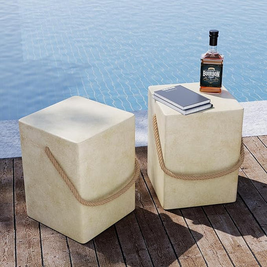 SUNBURY Outdoor Side Table Set of 2, 2 Pieces Concrete Side Table for Patio,18"H Small Outdoor Accent Table w Hemp Rope, Patio Side Table End Table Warm Gray, Ceramic Side Table Garden Stool Log Table
