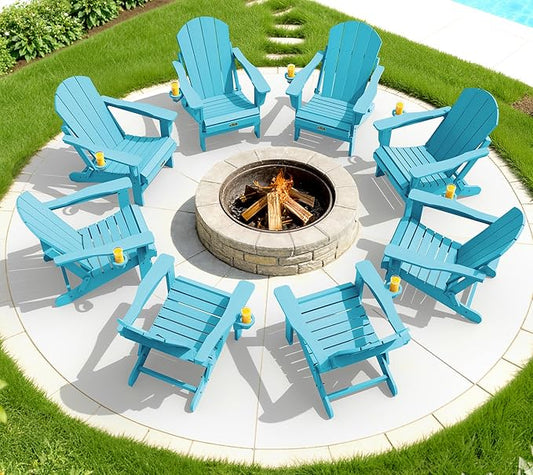 SERWALL Folding Adirondack Chair Weather Resistant Patio Chair Outdoor Chairs Set of 8 Painted Adirondack Chairs - Light Blue