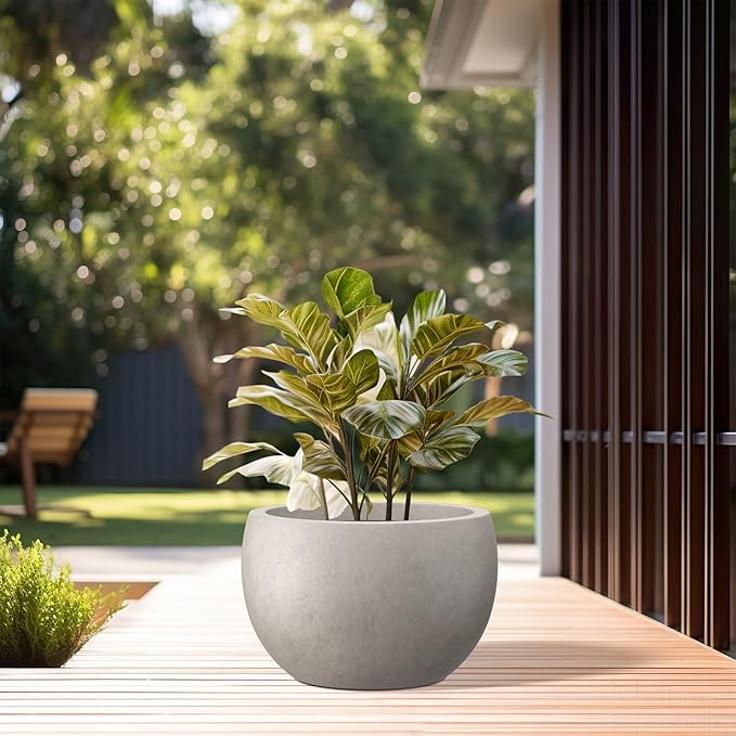 Kante 15.7" Dia Round Concrete Planter, Outdoor/Indoor Large Bowl Plant Pots with Drainage Hole and Rubber Plug for Garden Patio Balcony Home, Weathered Concrete