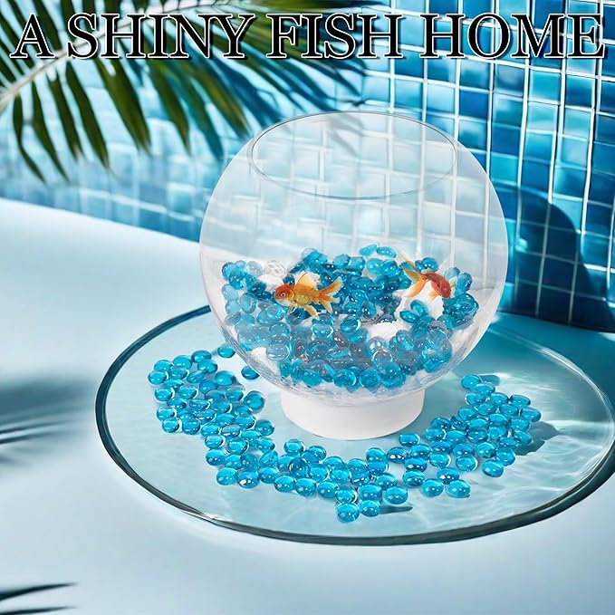 50PCS Mini Glass Gems,Sea Blue Mancala Stones Flat Bottom Marble Beads for Home Decorative Art Craft Vase Filler(0.5"~0.7")